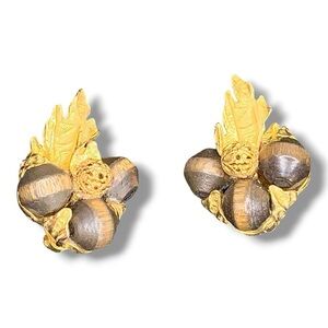 Vintage Arthur Pepper Art Clip On Earrings Gold Wooden Beads Retro Glam Ornate